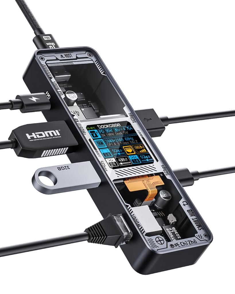 DOCKCASE Usb C Hub 1000Mbps LAN HDMI 5Gbps Data PD100W Fast Expanded Compatibility and Heat Dissipation Multimedia Hub 6-in-1 (clear Version) Port,