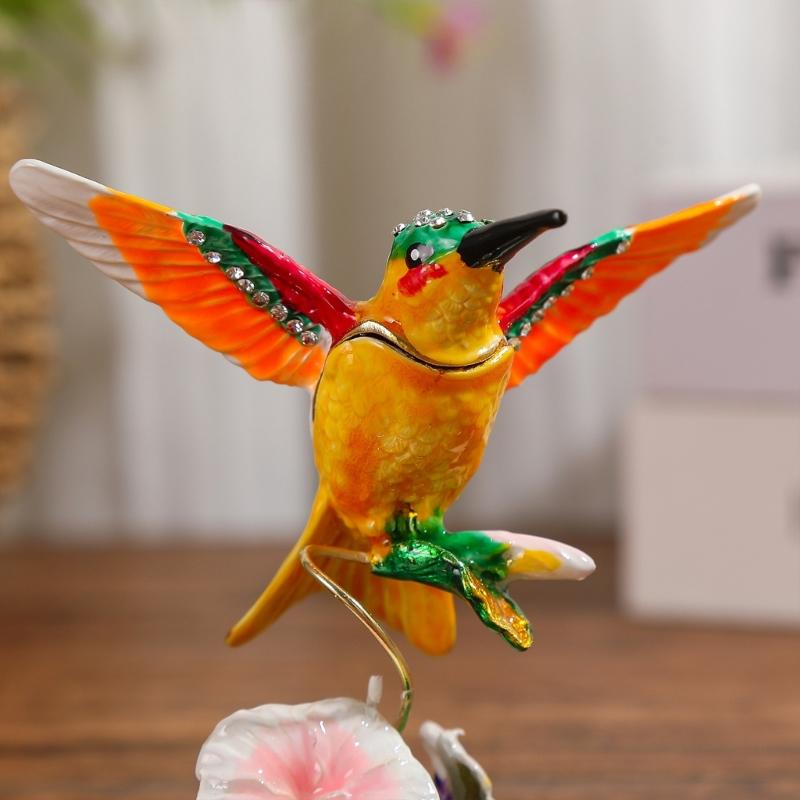Vanity Ring Earring Storage Box with Bird Shape, Hinged Alloy Body and Flower Base for Dresser Display Use Value