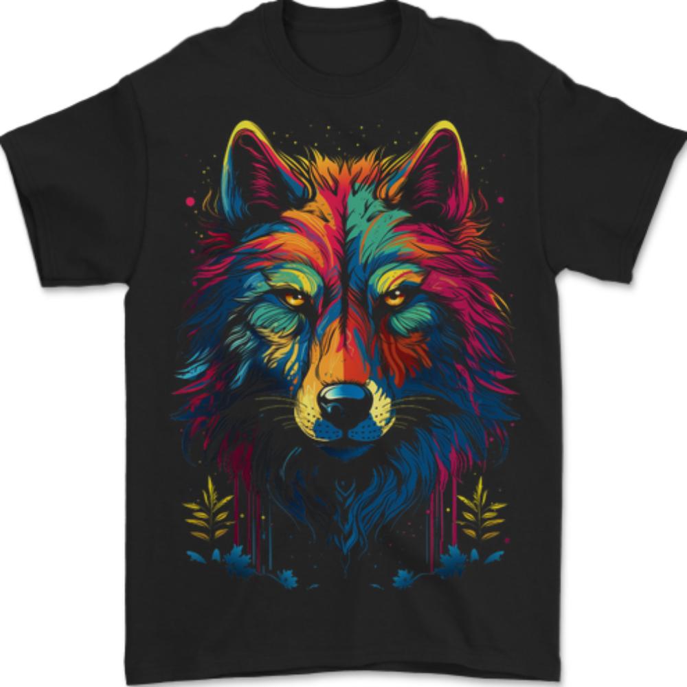 Colourful Fantasy Wolf Face Unisexs TShirt 100 Cotton S