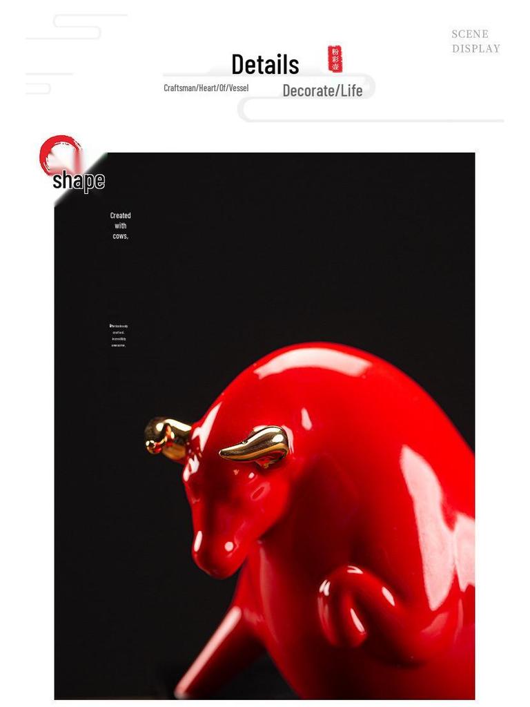 Red Ceramic Ox Figurine: Spirit-Soaring Handicraft for Home or Office Decor