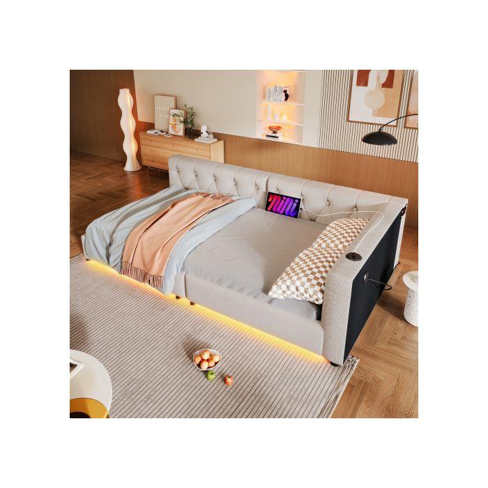 Sofabed, Daybed, Daybed, 90x200cm, Sofabed avec sommier à lattes (sans matelas) USB+Typ-c, Linen, Beige