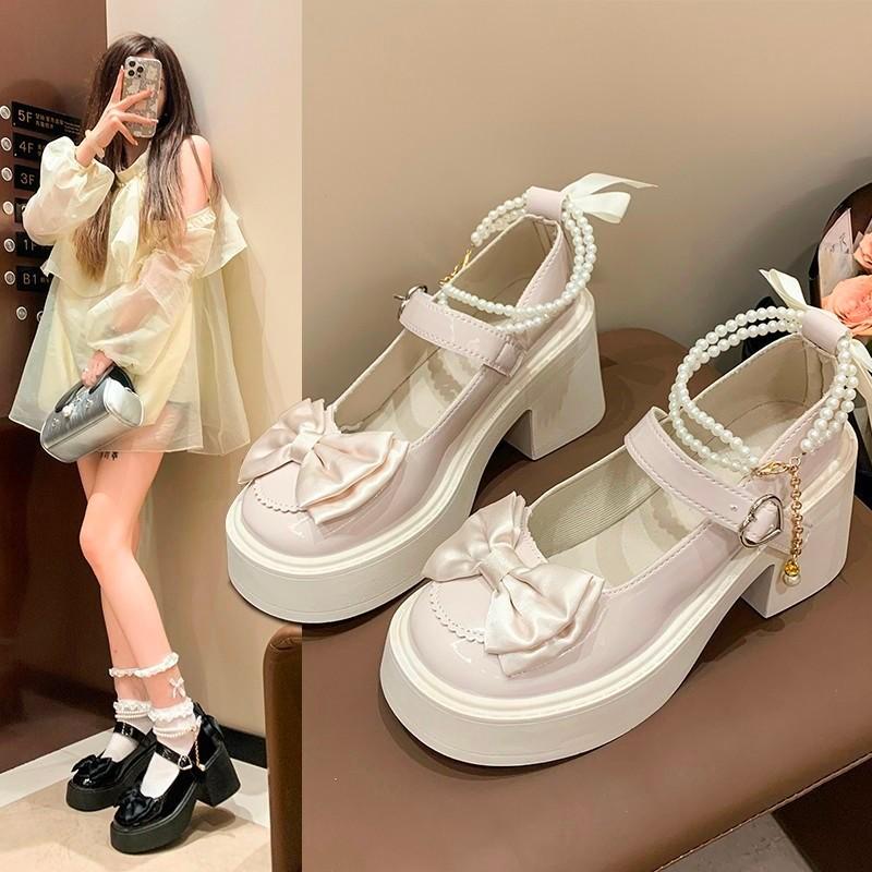 

Thick sole with skirt princess round head pearl small leather shoes summer new Mary Jane shoes thick heel high heel 40