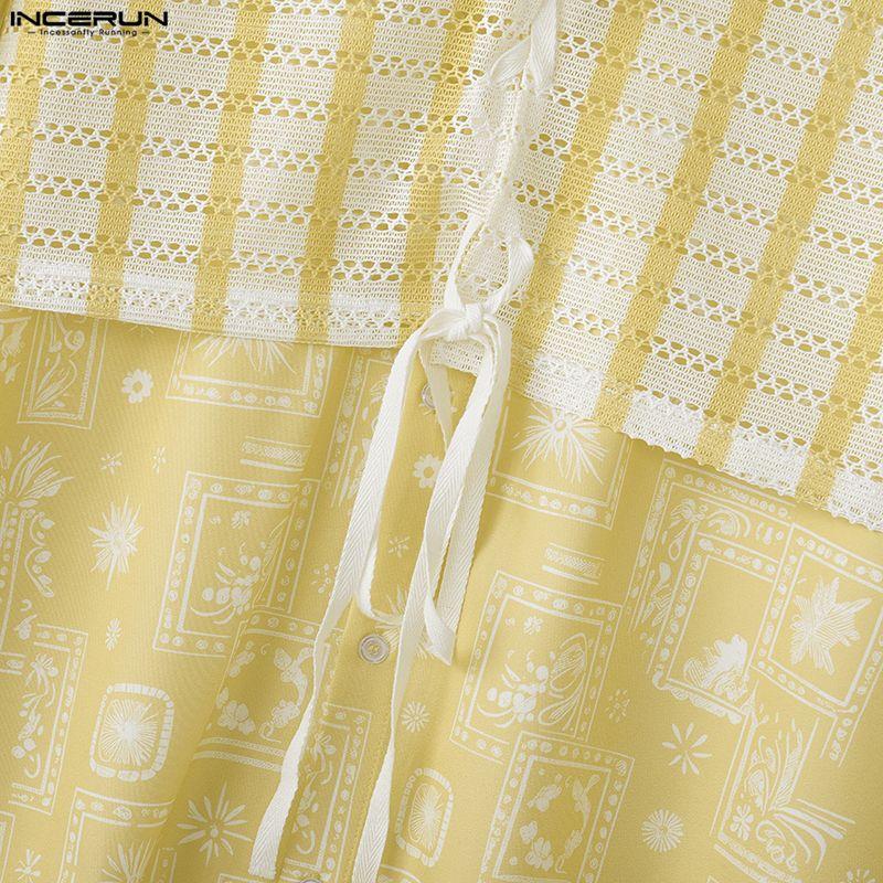 INCERUN Herren Reverskragen Kurzarm Floral Print Splicing Spitze Lässige Lockere T-Shirts Hemden