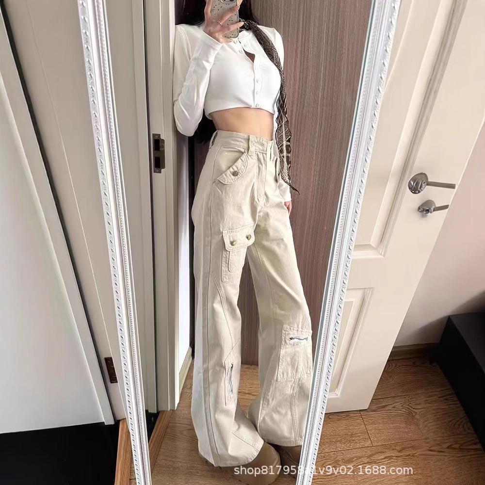 Damen High-Waist American Cargo Jeans mit mehreren Taschen und Micro-Flared Wide-Leg Design für Frühjahr 2025