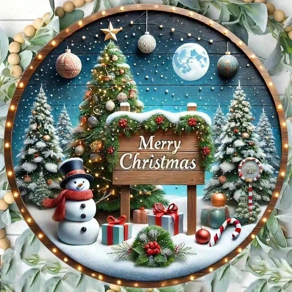 

Christmas Snow Scene Round Metal Wall Art, Snowman & Tree Holiday Home Decor, Rustic Farmhouse Style Plaque 20x20 різнокольоровий