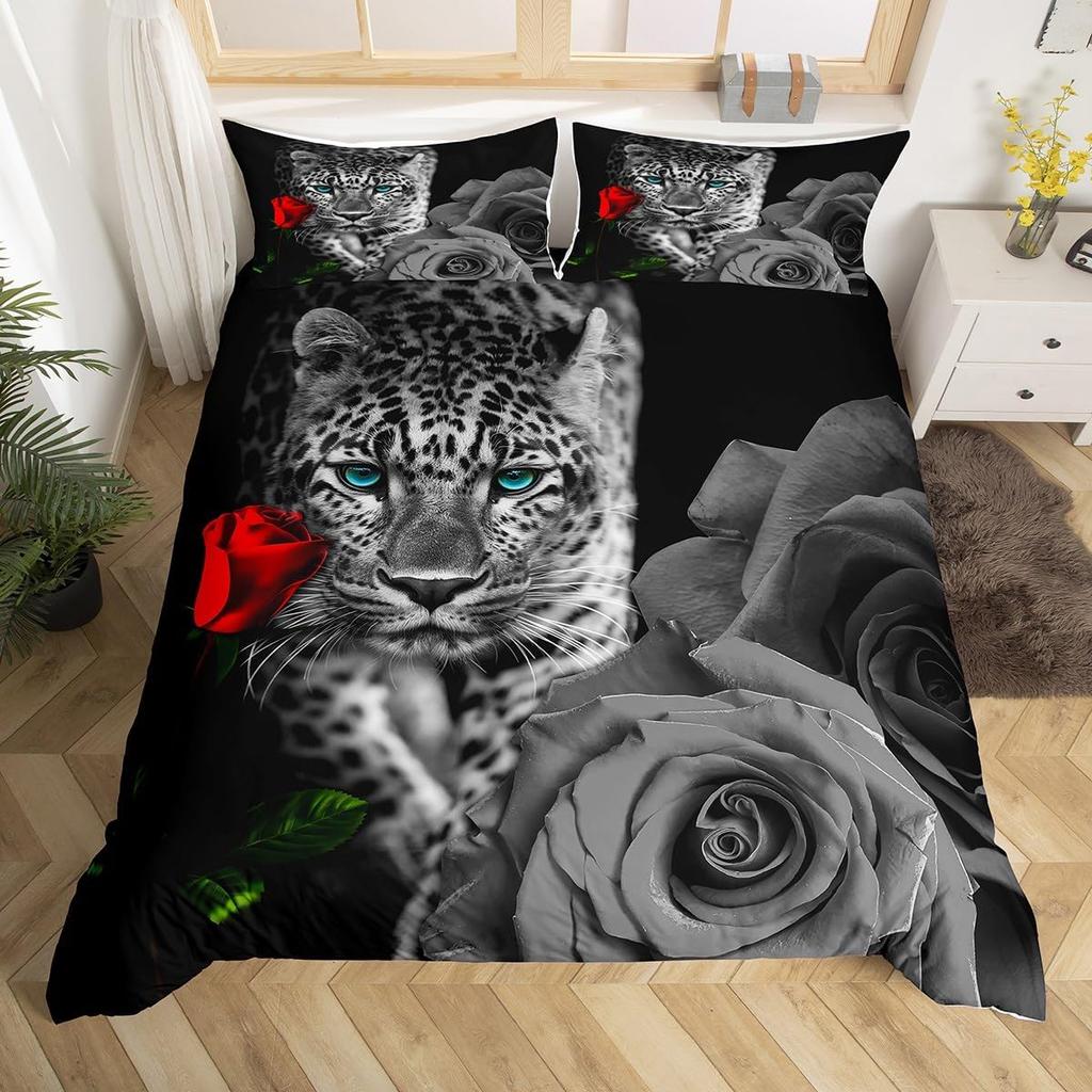 Leopard Bedding Set Wild Cheetah Comforter Cover Rose Romantic Floral Duvet Cover For Boys Girls Room Decor Twin Full Queen King
