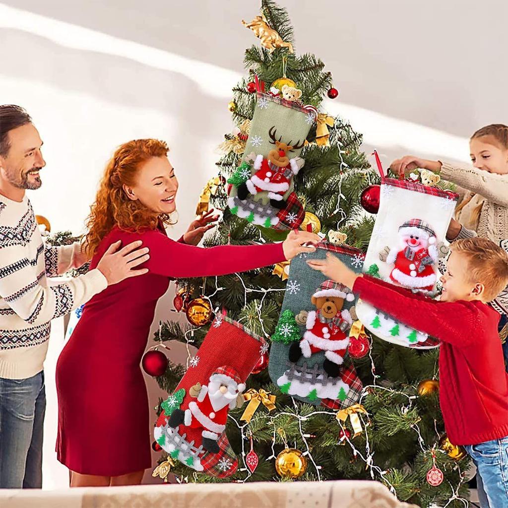 Set of 4 Christmas Decorations Stocking, 10 Inch Linen Xmas Gift Stockings, Large Hanging Christmas Tree Decoration Items for Xmas Tree,