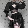 Temperamento Pizzo Avvolgente Senso del Design Stile Corte Oscura Tinta Unita Versatile Top Corto da Donna a Collo Alto con Marsupio