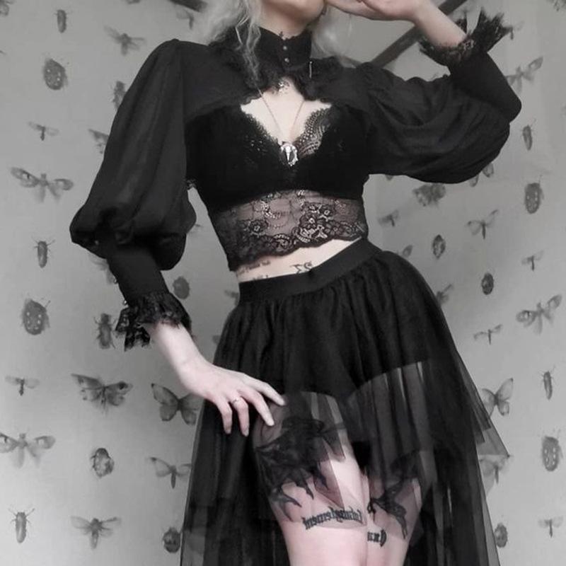 Temperamento Pizzo Avvolgente Senso del Design Stile Corte Oscura Tinta Unita Versatile Top Corto da Donna a Collo Alto con Marsupio