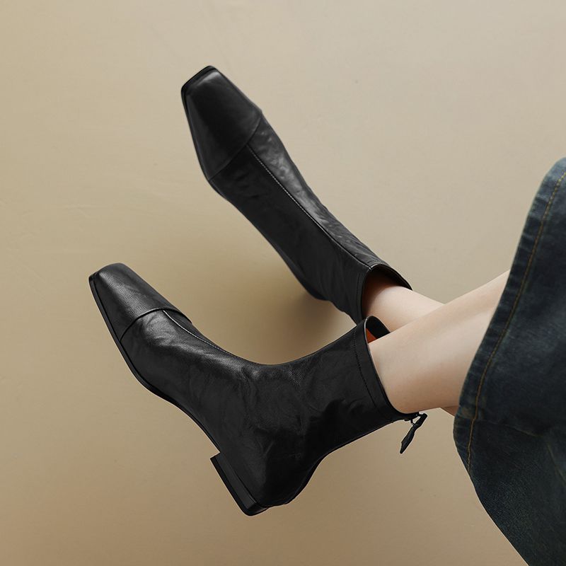Krazing Pot Sheepskin Autumn Winter Shoes Low Heels Modern Boots Square Toe Keep Warm Zip Pleated Design Ankle Boots