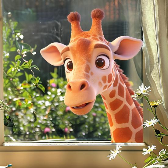 Cartoon Giraffe Window Clings Animal Glass Static PVC Decals Sticker Reusable Funny Waterproof for Living Room