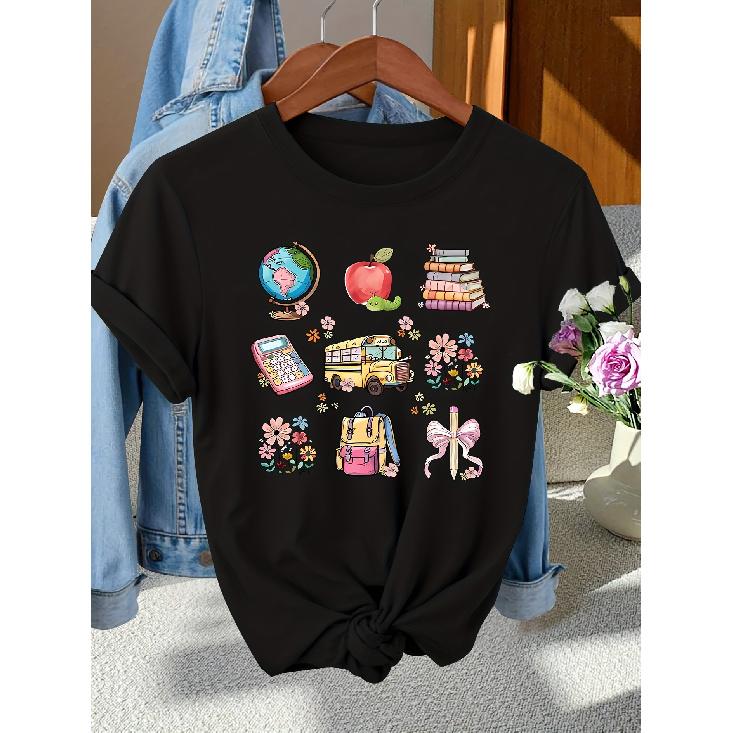 Back-to-School Season Fashionable and Elegant Pencil and Other Campus-themed Pattern Printed Round-neck Short-sleeve Shirt T Women's Shirts for