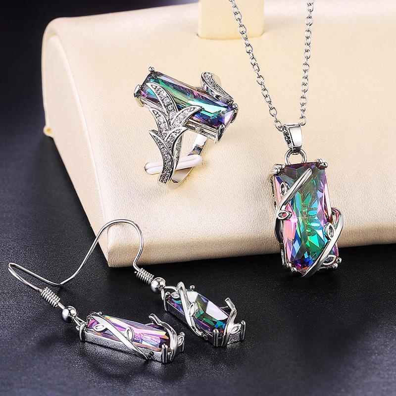 Huitan Multicolored Rectangular Stone Ring/Necklace Set Novel Design Anniversary Party Women  Factory Direct Selling Set