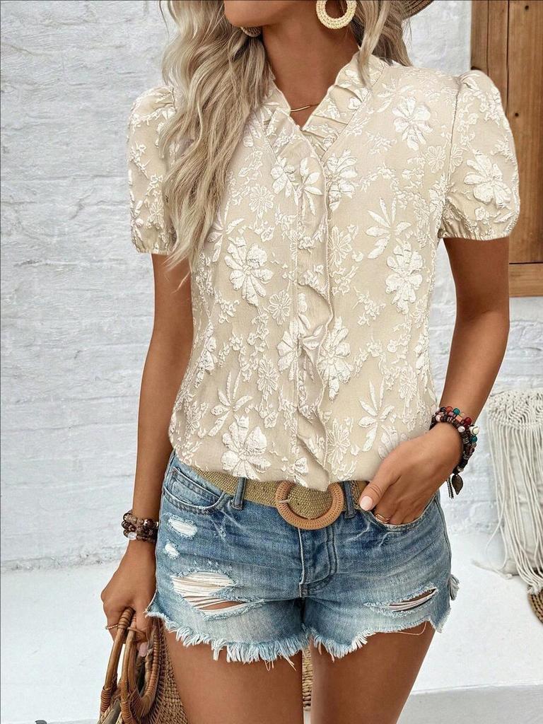 Summer 2026 Women's Ruffle Jacquard Short-Sleeve Pullover Shirt
