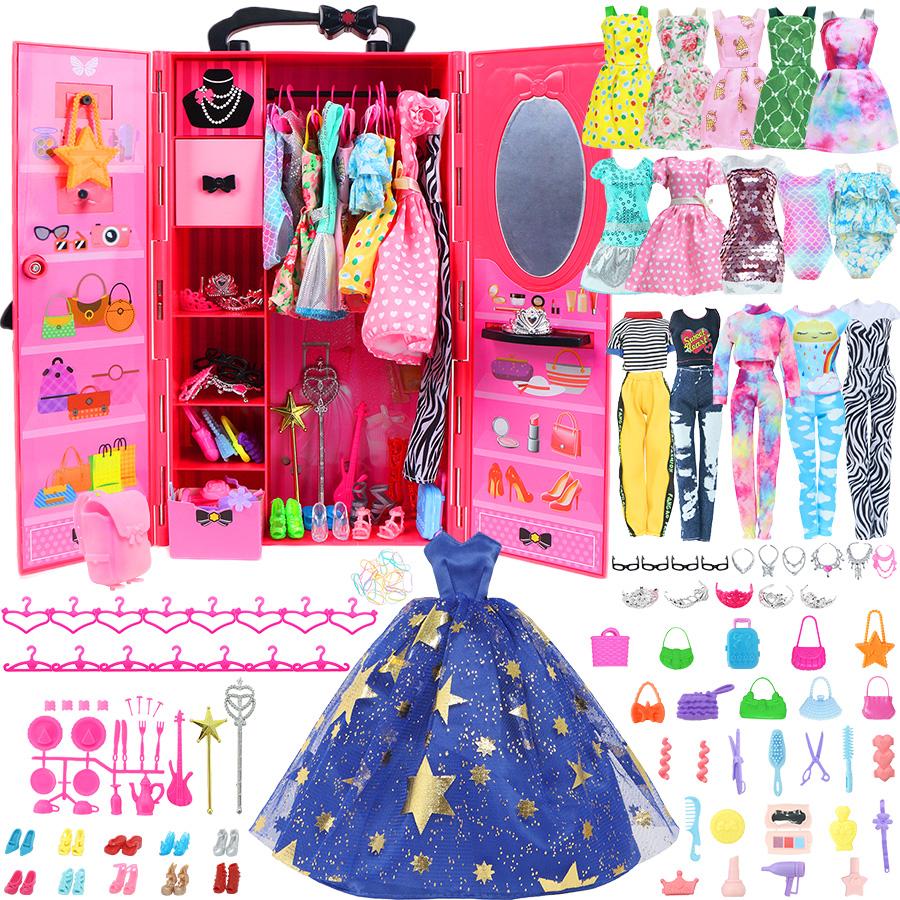 106 Pcs Doll Wardrobe with Clothes and Accessories Set for 30cm Doll, Storage Closet Gown Dresses Shoes Hangers Etc. for Girl Gift Set (NO DOLLS)