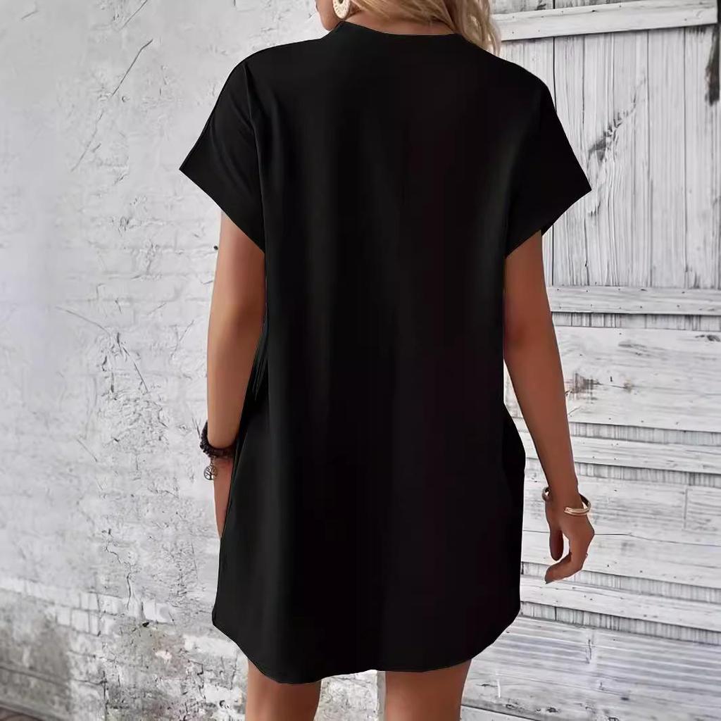 2024 Women's Solid Color Round Neck Loose Short Sleeve Pocket Dress - Spring/Summer Collection