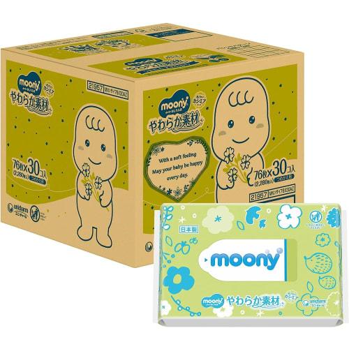 Moony Baby Wipes, Soft Material, 99% Pure Water, Refill, 2280 Wipes (76 Wipes X 30 Packs), Additive-Free (Alcohol, Fragrance, Paraben-Free), Made In J