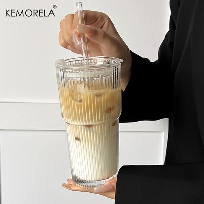 Tazza da caffè in vetro a righe da 600 ml con coperchio e senza cannuccia, trasparente, ideale per succhi di frutta, caffè freddo e altri tipi di bevande.