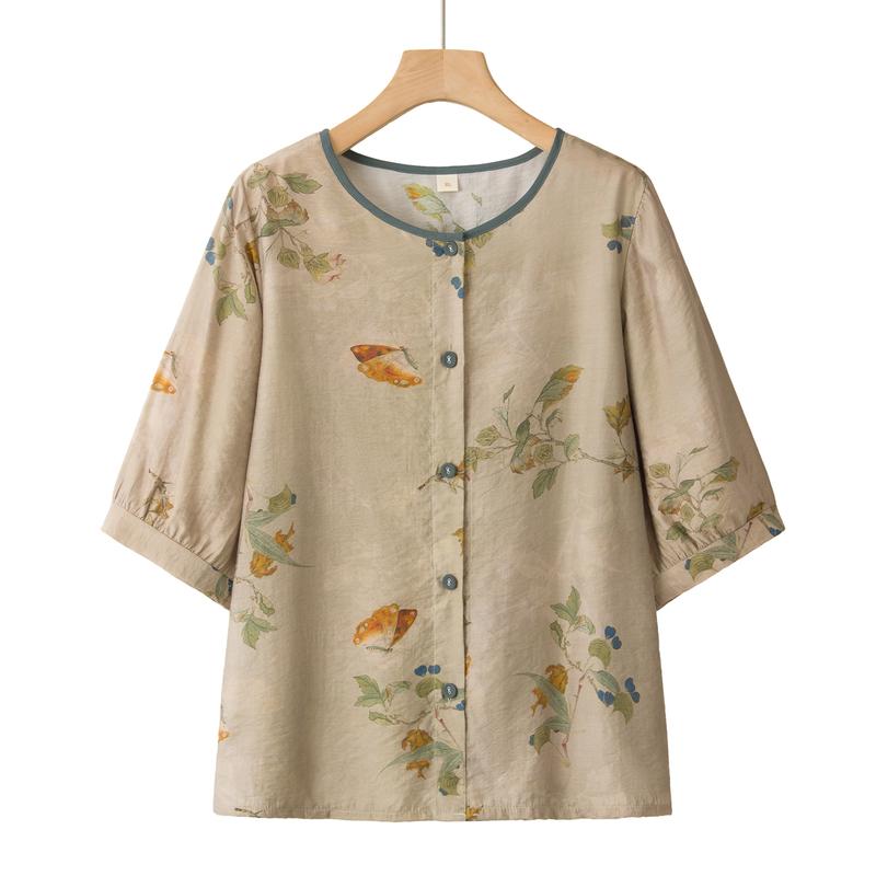 

New Chinese Style Floral Print Short Sleeve Top for Middle-Aged & Elderly Women 3XL