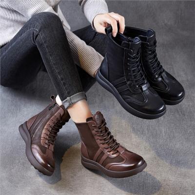 Botas Femininas de Couro Genuíno Casuais Versáteis Bico Redondo Solado Macio Botas Curtas