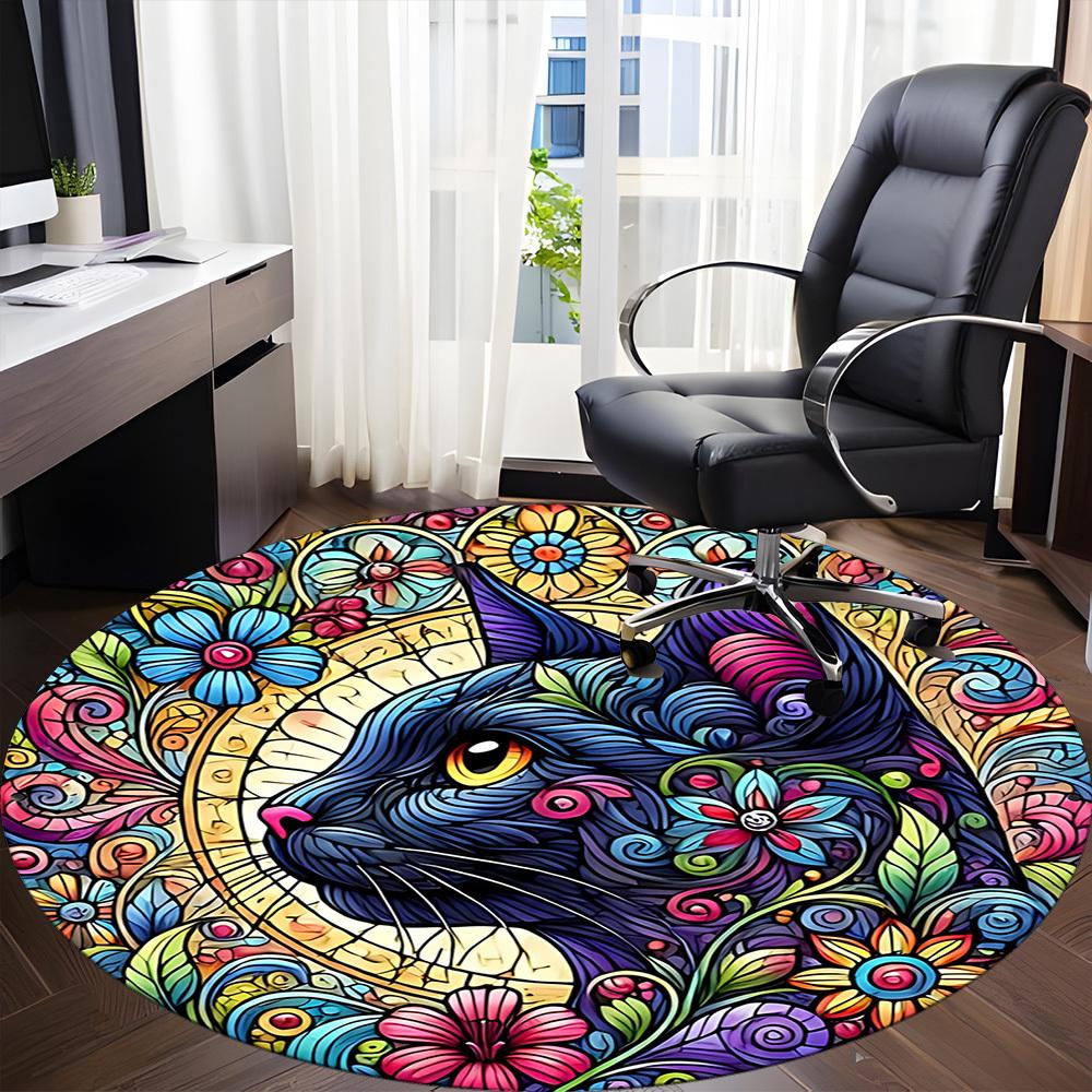 1pc Cat Flowers Office Round Area Rug, Indoor Mat Suitable For Office, Under Office Chairs Bedroom Living Room Home Decor, Room Deco