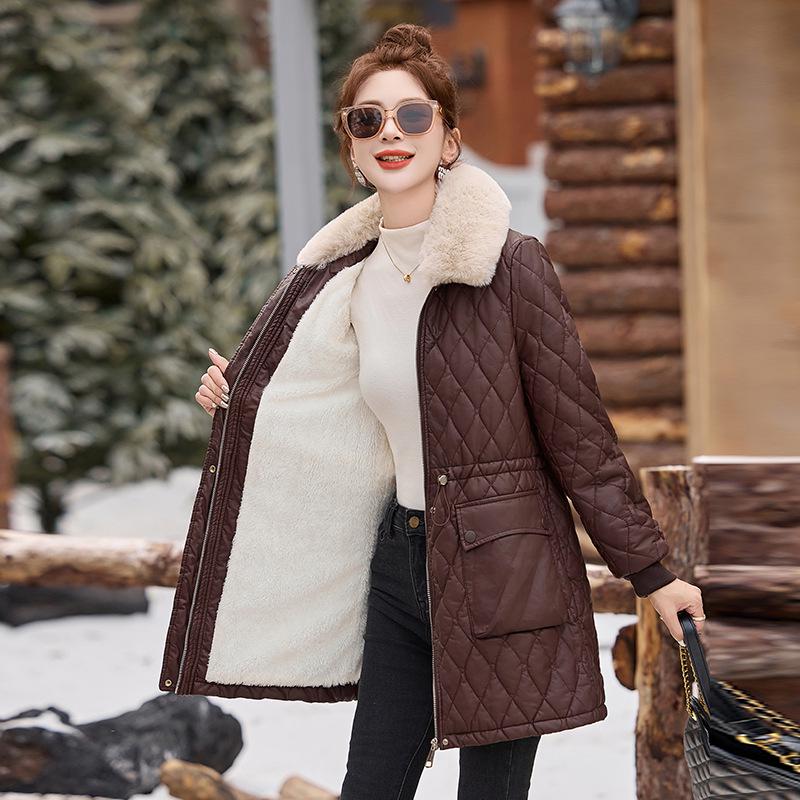 

Women s Winter Korean PU Leather Coat with Fleece Lining and Fur Collar M (Weight 90-110 lbs)