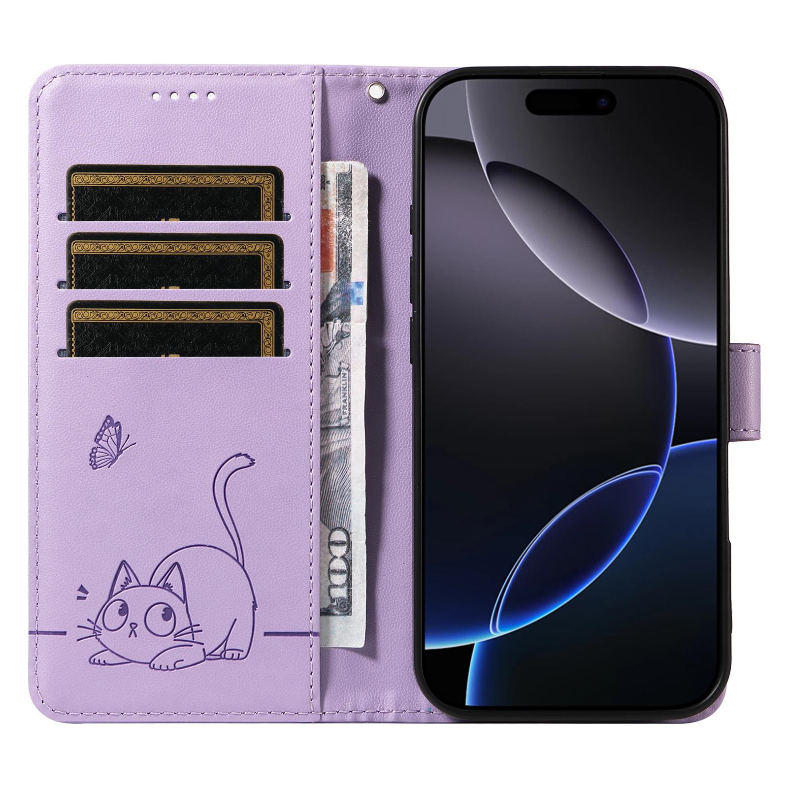 

For iPhone 16 Pro Max Wallet Case Cat Pattern Imprint Leather Phone Cover with Wrist Strap Rose Gold