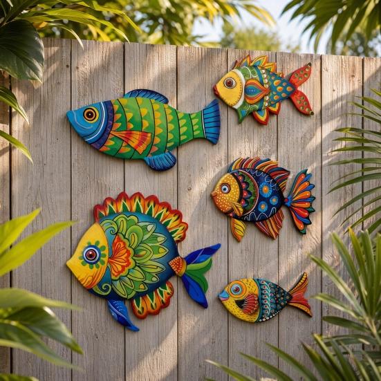 5Pcs Wooden Fish Wall Decor, Beach Nautical Coastal Theme Fish Wall Sculpture, Lake House Ocean Decor, Vintage Ornaments for Home Bathroom Bedroom