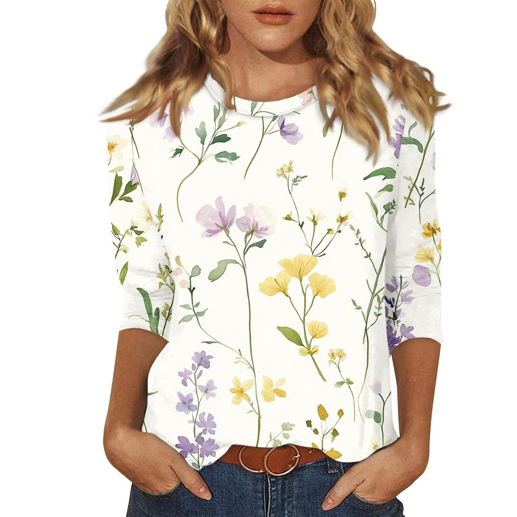 Women's O-neck 3/4 Sleeve  Print Top