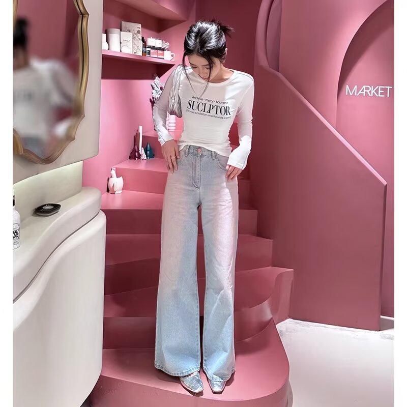 Women's High Waist Washed Micro Flare Straight Leg Jeans