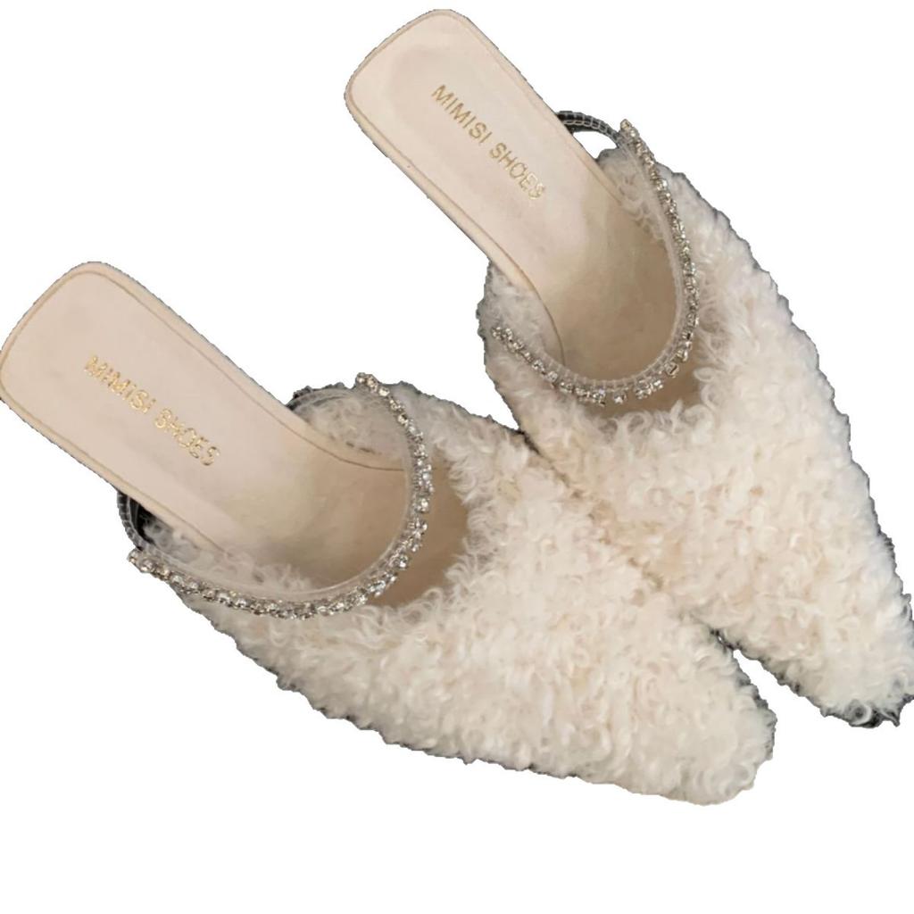 Plush pointed rhinestone half slippers women's 2025 autumn French muller shoes
