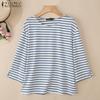 ZANZEA Women Casual Round Neck 3/4 Sleeve Loose Stripe Blouse