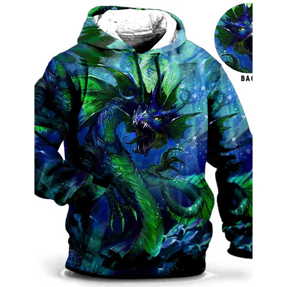 Pánská mikina s kapucí draka na čínský Nový rok s grafickým zvířecím potiskem Denní klasický 3D svetr Streetwear Mikiny s dlouhým rukávem, s kapucí