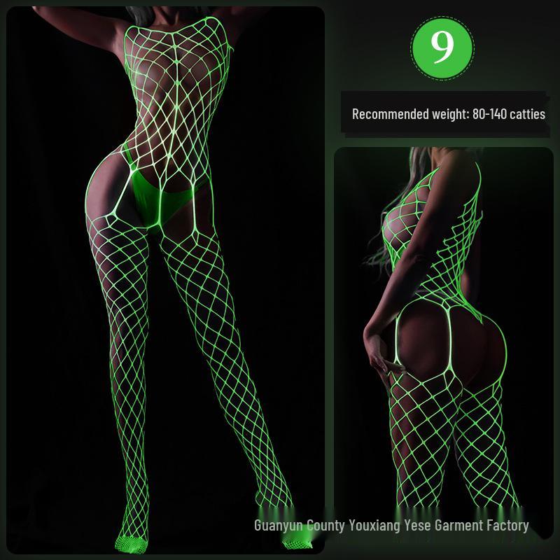Linlinting Plus Size Glow-in-the-Dark Fishnet Bodystocking with Luminous Bandeau and Socks
