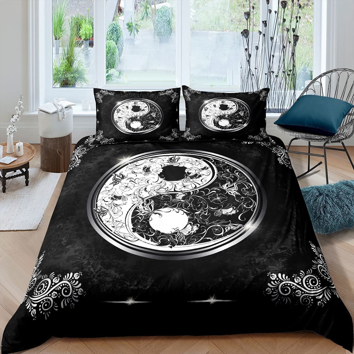 Zwart-wit dekbedovertrekset Bohemien Mandala beddengoedset voor kinderen Kind Yin en Yang Polyester dekbedovertrek Kingsize AU Single(140x210cm)
