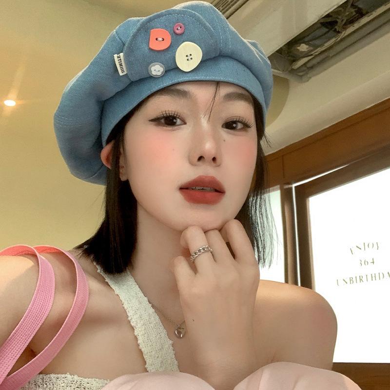 Spring And Summer Sweet Button Cowboy Beret Female Shows Small Face Big Head Circumference Painter Hat Literary And Artistic Versatile Octagonal Hat