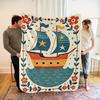 Soft Nautical Theme Fleece Blanket - All-Season 100% Polyester Bedspread With Maritime Design (Sailing Ships, Anchors, Lighthous