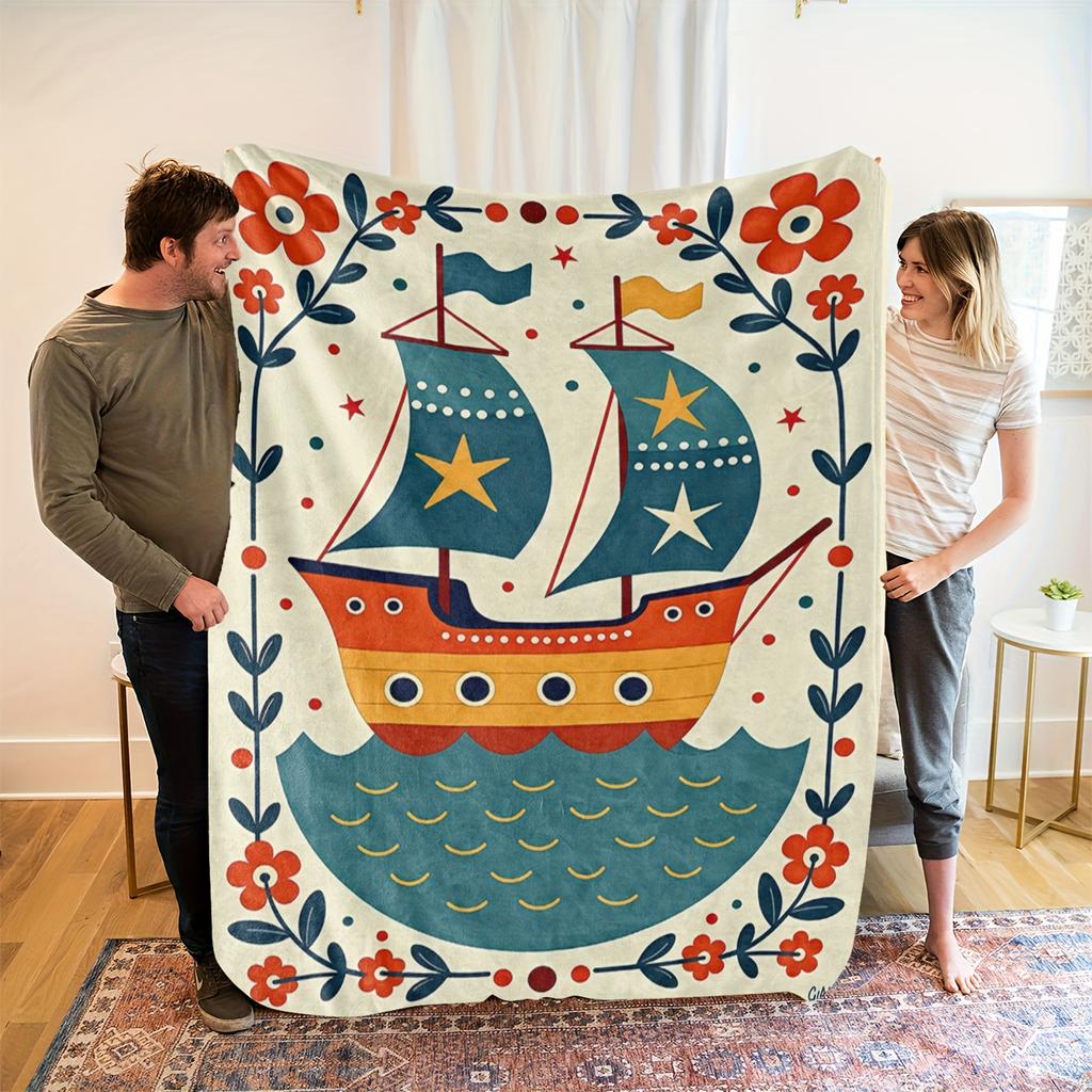 Soft Nautical Theme Fleece Blanket - All-Season 100% Polyester Bedspread with Maritime Design (Sailing Ships, Anchors, Lighthous