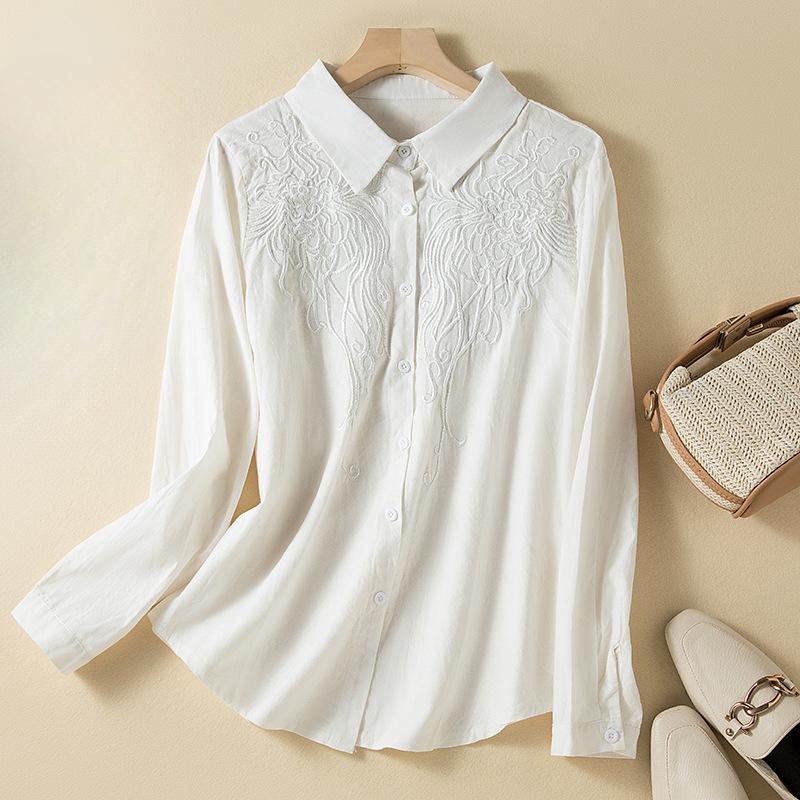

Весенняя литературная рубашка больших размеров из хлопка и льна с вышивкой и длинными рукавами для женщин 3XL белый
