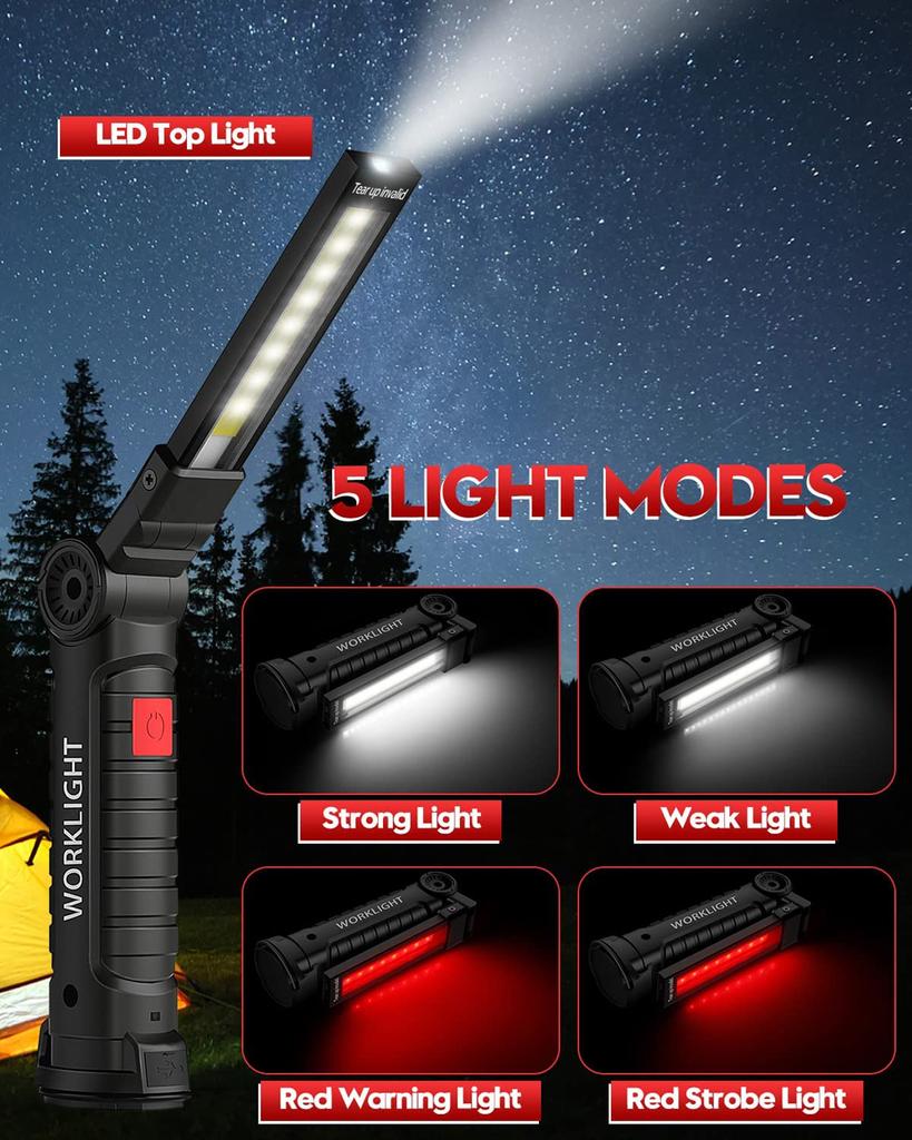 USB Rechargeable Portable COB LED Flashlight Work Light Magnetic Lanterna Hanging Lamp with Built-in Battery Camping Torch