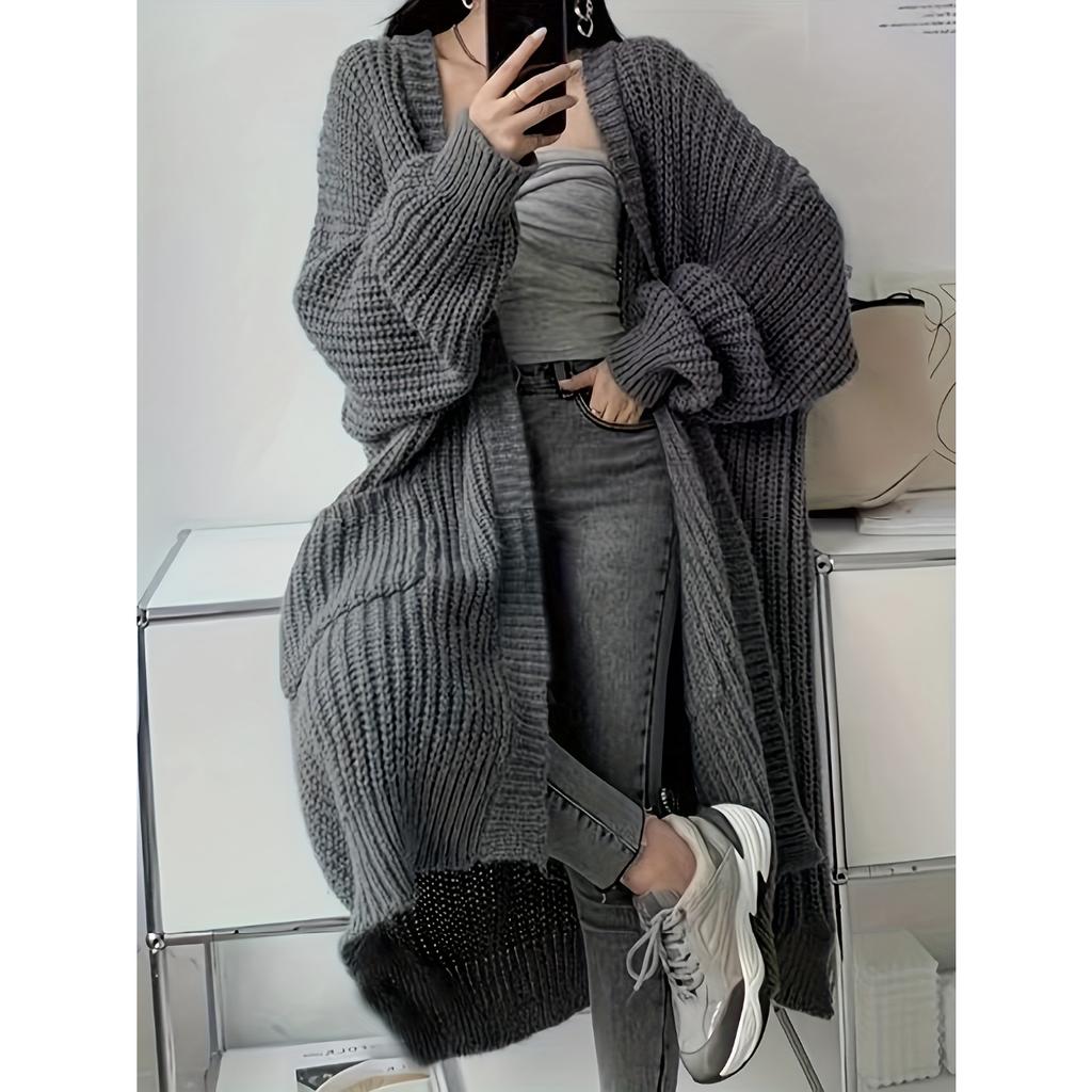 Einfarbige Strickjacke mit offener Vorderseite, lässige Strickjacke mit überschnittenen Schultern und langen Ärmeln für Herbst und Winter, Damenbekleidung