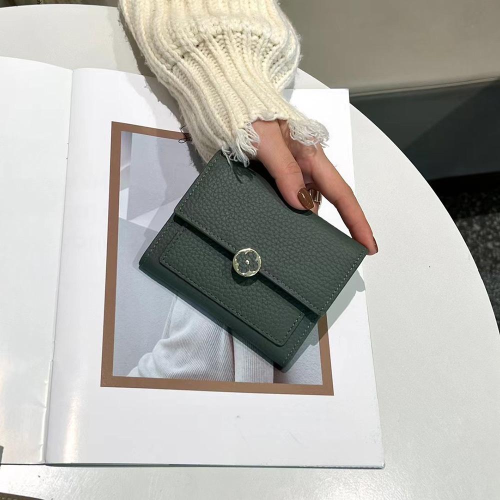 

Короткие женские кошельки из натуральной кожи, первый слой коровьей кожи, бумажник, кошелек, брендовый стиль, трехсекционный кошелек «Цветок сливы» без логотипа темно-зеленого