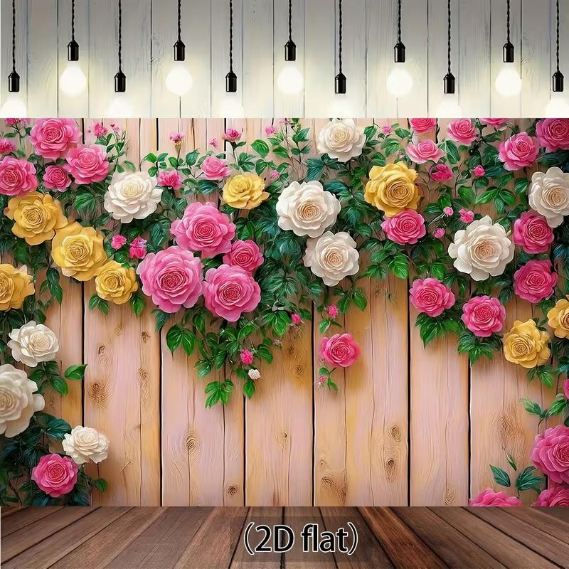 2D Pink, White & Yellow Rose Wood Background Cloth for Wedding & Bridal Events Photo Booth Prop