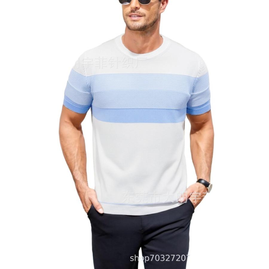 

Summer Striped Contrast Loose Round-neck Short-sleeve Knit Shirt for Men Fashionable Luxury T-shirt S