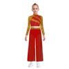 Kids Girls Dance Costume Two-Piece Set Mock Neck Long-Sleeved Sequins Cutout Back Press Button Crop Top with Flowing Chiffon Overlay Wide-Leg Side Sli