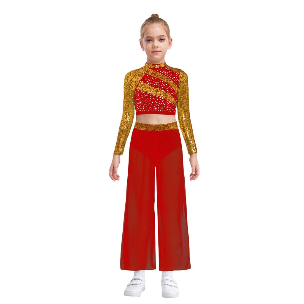 Kids Girls Dance Costume Two-Piece Set Mock Neck Long-Sleeved Sequins Cutout Back Press Button Crop Top with Flowing Chiffon Overlay Wide-Leg Side Sli
