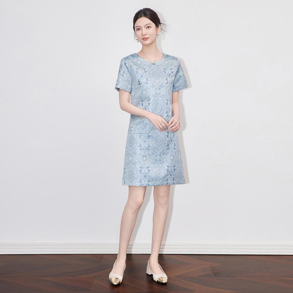 Chinese Gold Silk Jacquard A-Line Dress: Elegant Short Sleeve, Slimming, High Quality Women's Summer Style