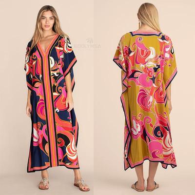 Lange Kaftan Bohemian Gedruckt Bikini Cover-ups Sexy V-ausschnitt Halbarm Maxi Kleid Tunika Frauen Strand Tragen Badeanzug Cover up Q1333
