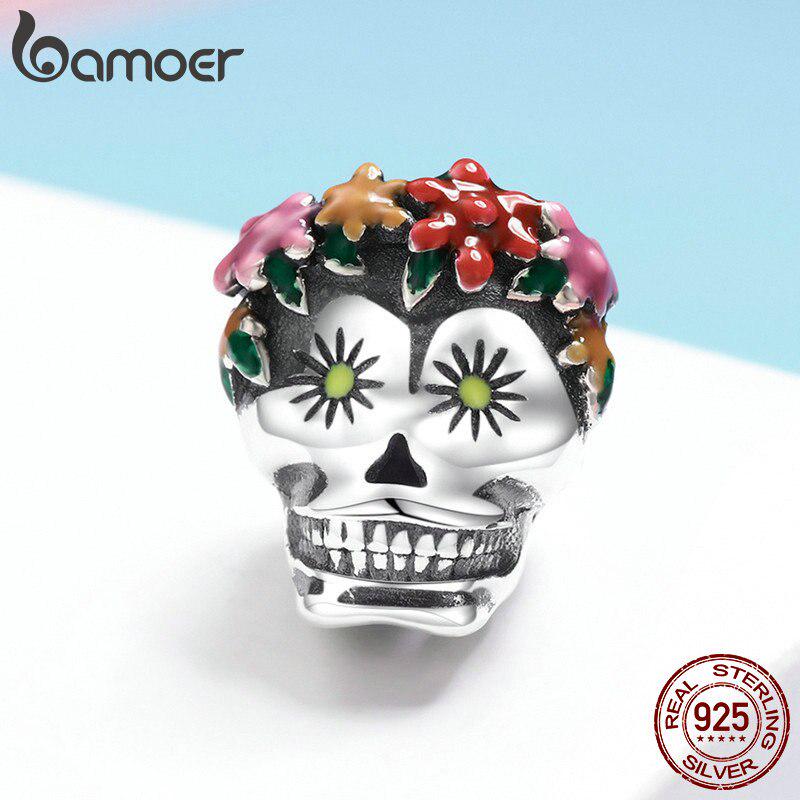 Bamoer Halloween Collection 925 Sterling Silver Flower Skull Charms Colorful Enamel Beads