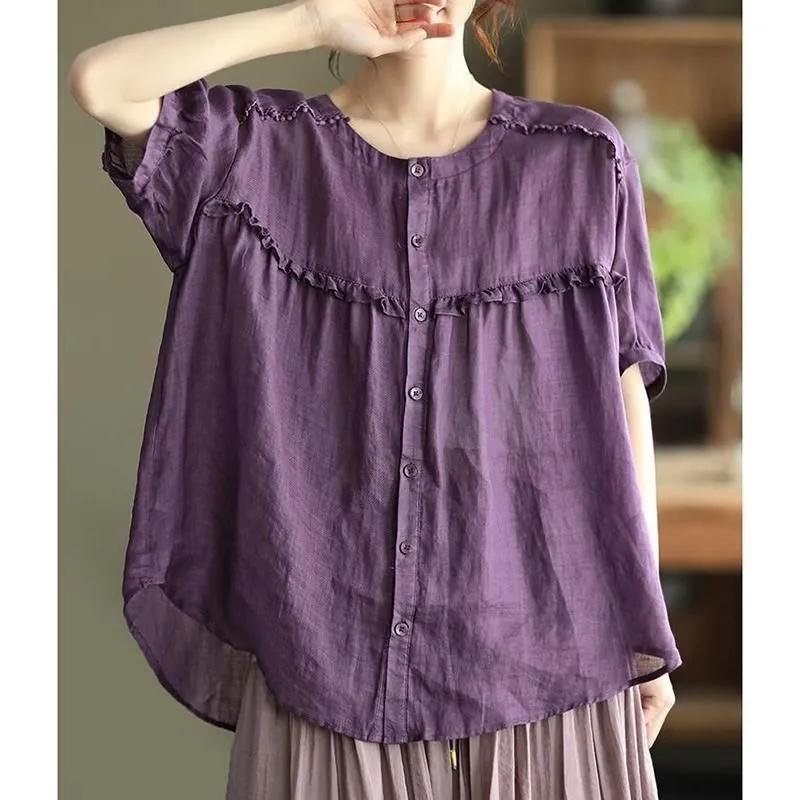 

Летняя футболка с круглым вырезом и рукавами-фонариками из хлопка и льна, женская свободная повседневная футболка с короткими рукавами S фиолетовый